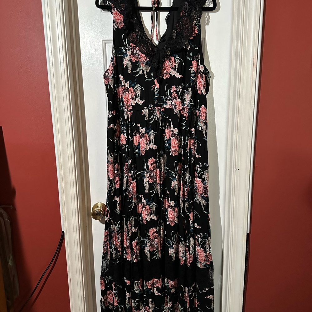 Torrid Black Maxi Dress with Pink Floral Design